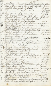 A page from the Reconstruction-era daybook of James P. Hammet's medical practice in Christiansburg. Hammet records patient name, an abbreviated description of services rendered ("v" for "visit," "pres" for "prescription"?), and his fee. The first entry is for services rendered to Eliza Wood but charged to the county's overseer of the poor.
