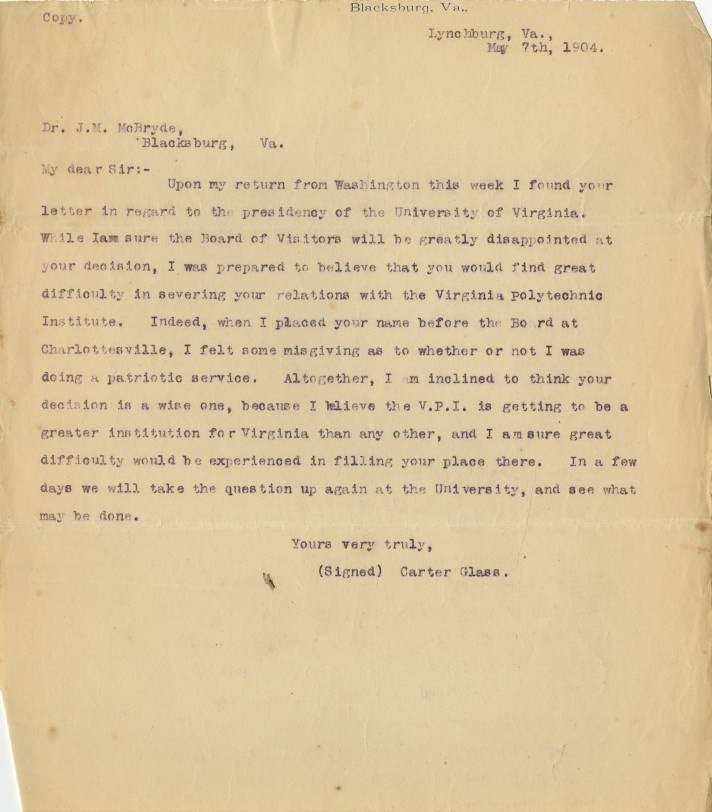 Image of the letter from Carter Glass to McBryde regarding his declining the presidency