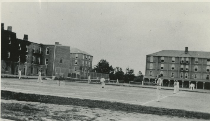 "Quadrangle Tennis Courts (looking from Barracks No. 4)," Spring 1934