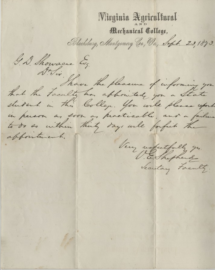 Acceptance letter to Virginia Agricultural and Mechanical College, to "G. D. Showacre, Esq.," dated September 23, 1873.