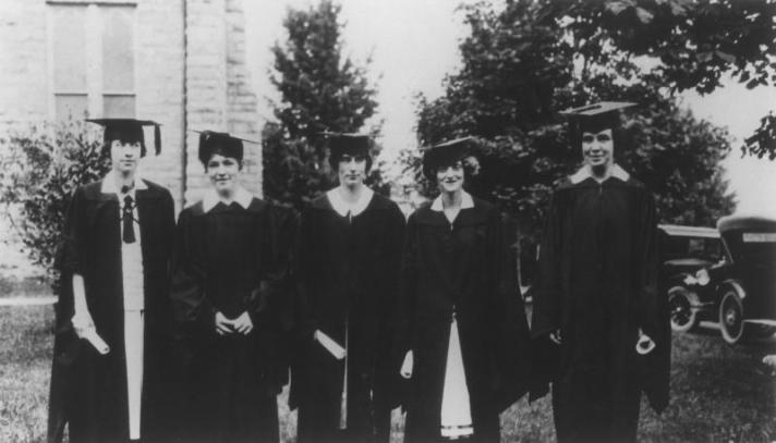 First female graduates: Mary Ella Carr Brumfield (‘23; ‘25); Ruth Louise Terrett (‘25); Lucy Lee Lancaster (‘25); Lousie Jacobs (‘25); Carrie Taylor Sibold (‘25)