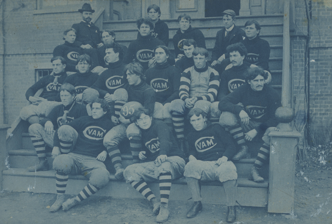 The black jersey sported by the 1895 team, just prior to the school’s name change, featured the letters AMC encircled by a large C in white.