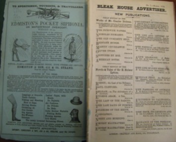 Advertisements from olume I of Bleak House. Dickens' volumes in particular featured ads for other Dickens novels, as well as for items you might expect useful in England, like rain coats!