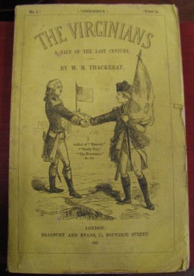 Volume I, with cover illustration, of The Virginians. Thackarey's novel featured his own illustrations.