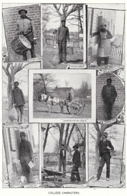The 1899 Bugle shows a collage of “College Characters”, mainly custodians and groundskeepers. A 17-year-old Meade, called “Hardtimes”, is pictured on the left of the 2nd row. Others pictured from left to right: Top row: Charles “Sporty Sam” Owens, Washington “Uncle Wash” Eaves, Granville Eaves; 2nd row: Meade, Sampson (Campbell?), “Smoky Sam”; bottom row: “Charles”, “Me an’ Kanode”, and “Bill Bland”.