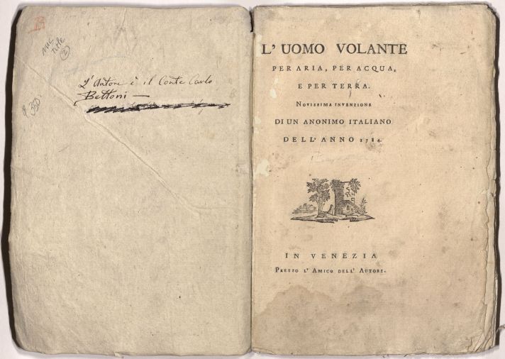 Title page ofTitle page of L’Uomo Volante per Aria, per Acqua, e per Terra. Novissima Invenzione di un Anonimo Italiano Dell’ Anno 1784. In Venizia Presso L’Amico Dell’ Autore.