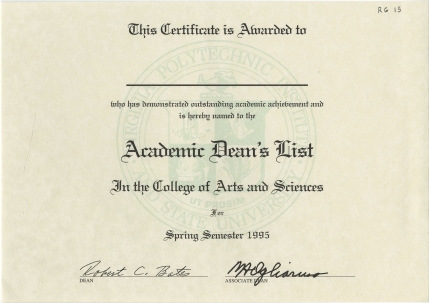 Blank form for the VT College of Arts & Sciences' Academic Dean's List