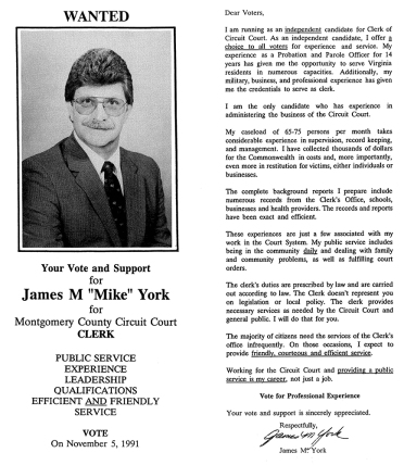 James M. "Mike" York, Independent candidate, 1991