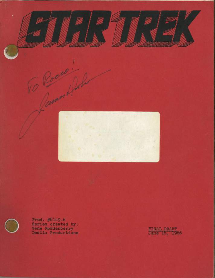 James Doohan's copy of the final script of "Man Trap," the first episode of Star Trek to be broadcast. Doohan played Mister Scott, and that is his signature on this front cover. The show was first aired on 8 September 1966.