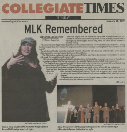 "MLK Remembered," Collegiate Times article, January 16, 2007, p. 1