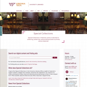 Screenshot of new Special Collections website on August 2, 2018 (spec.lib.vt.edu)