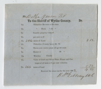 Receipt for tax on land from Wythe County sheriff, 1852. This is a partially printing item that would have been customized for tax-payers throughout the county. Yonson's taxes were based on his land ownership.